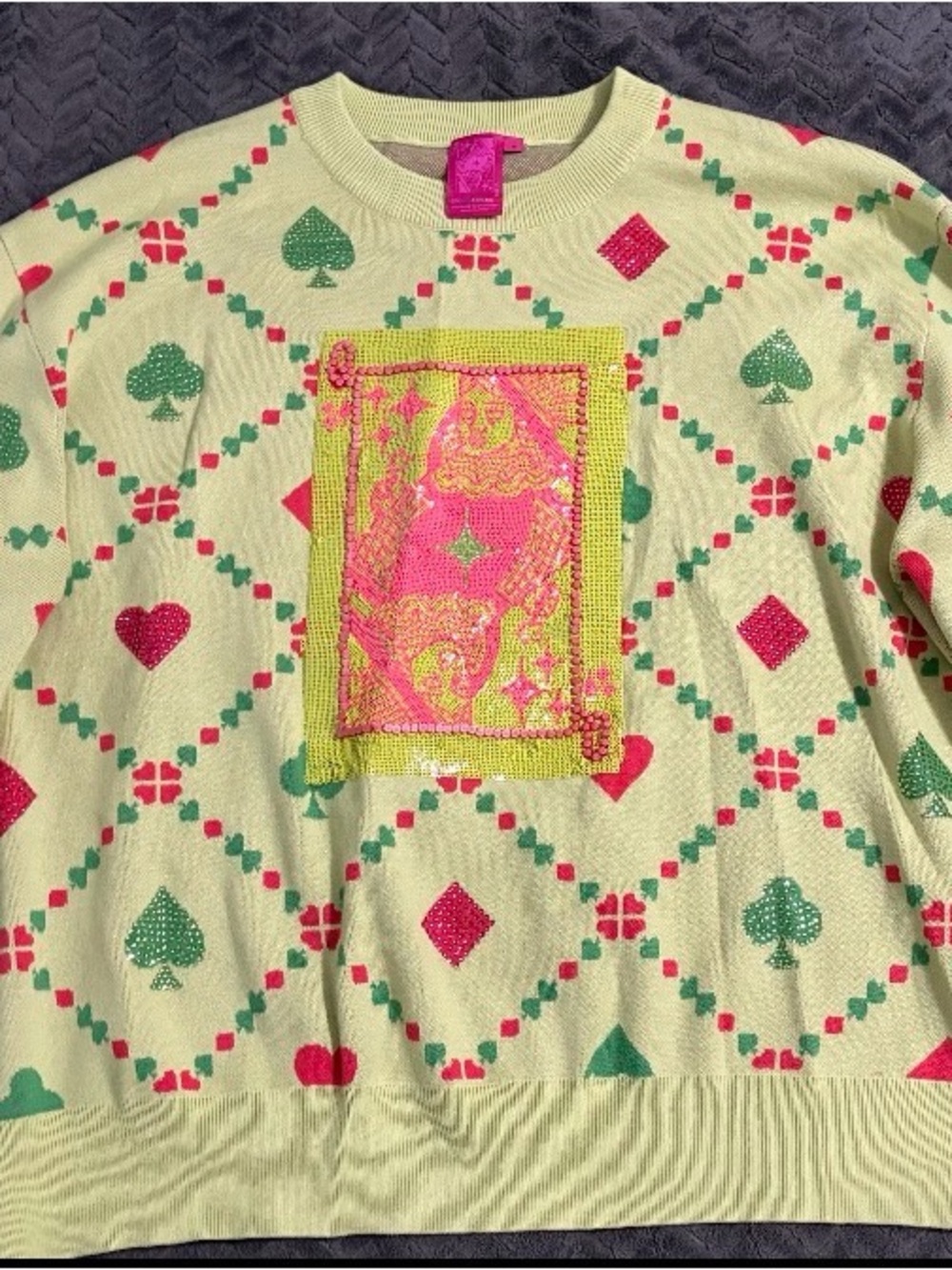 QUEEN OF SPARKLES Green Card Sweater with Pink Accents